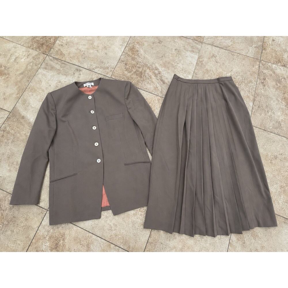 Jones New York Womens 16 100% Wool Skirt Suit Set Taupe Brown Career Vintage
